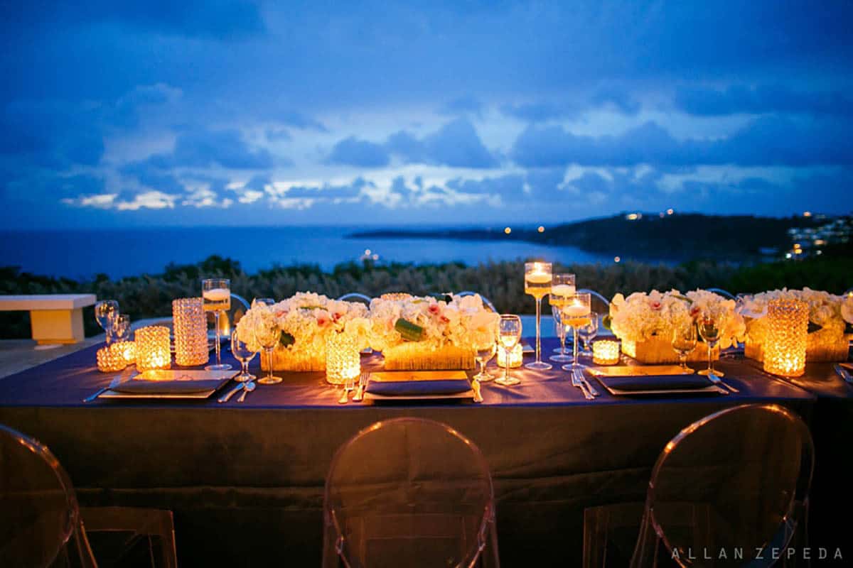 destination wedding table setting at sunset