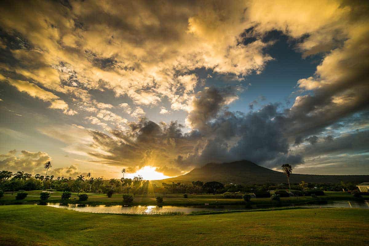 The golf course at sunset at the Four Seasons Nevis